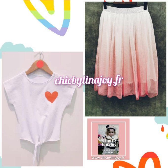 Crop Top coeur ou/et jupe rose tulle 