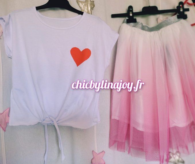 Crop Top coeur ou/et jupe rose tulle 